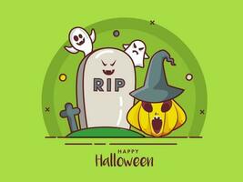 contento Halloween manifesto design con strappare calcolo, cartone animato fantasmi e jack-o-lanterna indossare strega cappello su verde sfondo. vettore