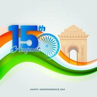 15 agosto testo con Ashoka ruota, India cancello monumento e tricolore onda su grigio sfondo. vettore