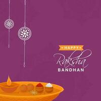 contento Raksha bandhan manifesto design con culto piatto di rakhi su viola sfondo. vettore
