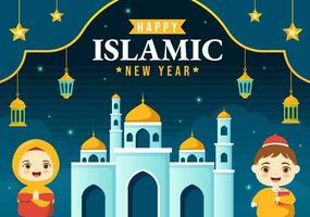 contento Muharram islamico nuovo anno vettore illustrazione con bambini I musulmani nel piatto cartone animato mano disegnato atterraggio pagina sfondo modelli