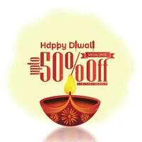 speciale offrire Diwali saldi. grande diya olio lampada con creativo contento Diwali testo design su bianca sfondo. festivo saldi, sconto concetto vettore