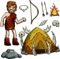 primitivo uomo delle caverne. preistorico cacciatore. pietra età. impostato di cartone animato oggetto vettore