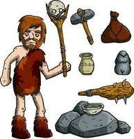grotta primitivo uomo e Armi. impostato di elementi per a caccia. personale con cranio, pietra martello, club vettore