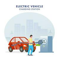 l'elettromobilità o rinnovabile energia concetto, illustrazione di cartone animato uomo ricarica elettrico auto a energia stazione su silhouette edifici sfondo. vettore