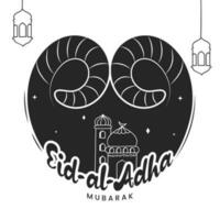Eid-al-Adha mubarak font con moschea illustrazione, pecora corno e lanterne appendere su bianca sfondo. vettore