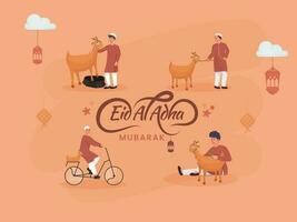 Eid-al-Adha mubarak concetto con musulmano giovane ragazzi personaggio e capre animale su arancia sfondo. vettore