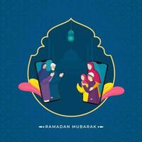 musulmano famiglia contatto loro anziani o genitori attraverso video chiamata su blu silhouette moschea sfondo per Ramadan mubarak celebrazione. vettore