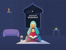 musulmano più vecchio donna con sua nipotina lettura Corano insieme su blu interno sfondo per Ramadan mubarak concetto. vettore