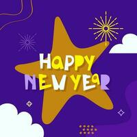 contento nuovo anno font con nuvole e fuochi d'artificio su stella forma viola sfondo. vettore