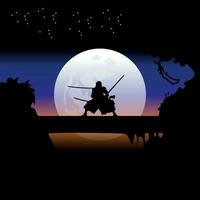 illustrazione vettore grafico di samurai formazione a notte su un' pieno Luna. Perfetto per sfondo, manifesto, eccetera. paesaggio sfondo, illustrazione vettore stile, colorato Visualizza sfondo, uno pezzo