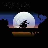 illustrazione vettore grafico di samurai formazione a notte su un' pieno Luna. Perfetto per sfondo, manifesto, eccetera. illustrazione vettore stile, colorato Visualizza sfondo, uno pezzo, roronoa zoro