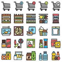 set di icone relative al supermercato e al centro commerciale, stile fiiled vettore