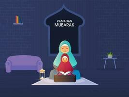 musulmano più vecchio donna con sua nipotina lettura Corano insieme su blu interno sfondo per Ramadan mubarak concetto. vettore