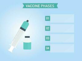 vaccino fasi modello disposizione con medicina bottiglia, siringa e copia spazio su blu sfondo. vettore