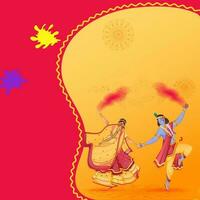 signore krishna e Radha l'esecuzione danza con godere colori su rosa e giallo sfondo. vettore