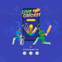 vivere cricket giocare adesso nel smartphone con giocatore di cricket Giocatori e torneo attrezzature su blu sfondo. vettore