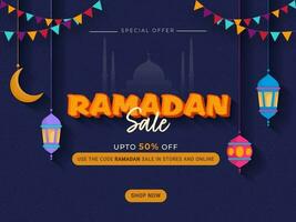 Ramadan vendita manifesto design con sconto offerta, mezzaluna Luna e lanterne appendere su blu moschea islamico modello sfondo. vettore