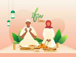 musulmano uomo e donna preghiere prima cibo su il occasione di iftar festa. vettore