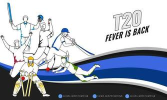 vettore illustrazione di cricket Giocatori nel diverso pose su astratto onde sfondo per t20 febbre è indietro concetto.