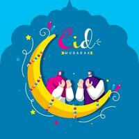 eid mubarak celebrazione concetto con islamico coppia offerta namaz e mezzaluna Luna su blu sfondo. vettore