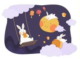 medio autunno Festival design. piatto illustrazione di conigli seduta nel il cielo e Guardando Luna insieme come vacanza celebrazioni vettore