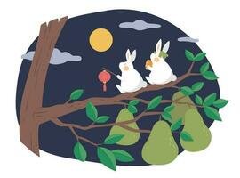 medio autunno Festival design. piatto illustrazione di giada conigli seduta su pomelo alberi ramo, mangiare mooncake e Guardando Luna come vacanza celebrazione vettore