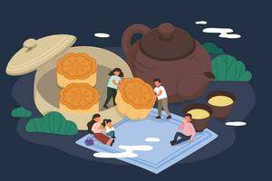 medio autunno Festival design. piatto illustrazione di famiglia raccolta su vacanza, picnic all'aperto, e mangiare mooncakes come celebrazioni vettore