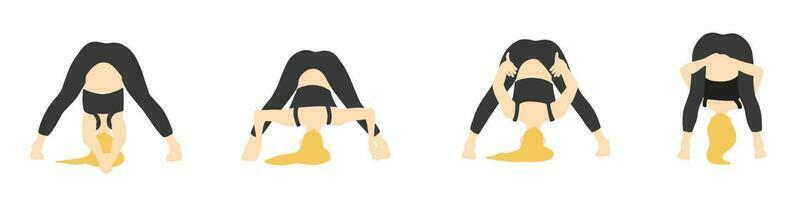 flessibilità yoga pose collezione. europeo femmina, signora, donna, ragazza. lungo bionda capelli. nero tuta. pilates, addestramento. vettore illustrazione nel cartone animato piatto stile isolato su bianca sfondo.