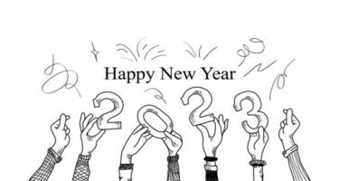 contento nuovo anno 2023. scarabocchio mani di persone chi siamo festeggiare il nuovo anno. mani Tenere numero nel mano disegnato stile. vettore illustrazione