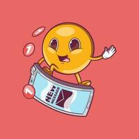 un emoji personaggio fare surf un' smartphone vettore illustrazione. comunicazione, tecnologia, Chiacchierare design concetto.