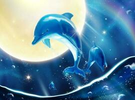 bello varco bottlenose delfini su attraente universo cielo nel 3d illustrazione marino murale vettore