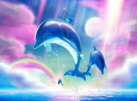 bello varco bottlenose delfini su fucsia tono cielo nel 3d illustrazione, marino murale vettore