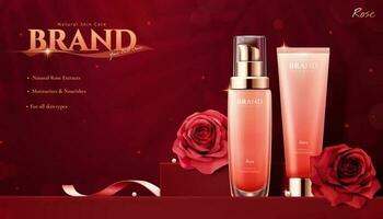 elegante cosmetico Annunci con Rose e nastri su luccichio Borgogna rosso sfondo nel 3d illustrazione vettore