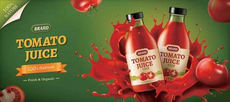 realistico bicchiere bottiglie nel potente spruzzi di pomodoro succo con pomodori a parte, per bandiera anno Domini modello uso, 3d illustrazione vettore