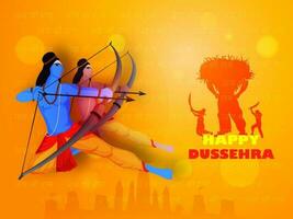 illustrazione di signore rama uccisione ravana demone con supporto lakshman guerriero su arancia sfondo per indiano Festival contento Dussehra manifesto o bandiera design. vettore
