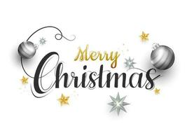 calligrafia di allegro Natale decorato con palline e stelle su bianca sfondo può essere Usato come saluto carta design. vettore