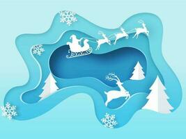 silhouette di Santa equitazione su slitta con renna, fiocco di neve e natale albero su blu carta strato tagliare sfondo per allegro Natale celebrazione. vettore