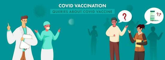 covid vaccinazione interrogazioni di covid vaccino bandiera o intestazione design con persone parlando a partire dal medici. vettore