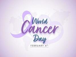 mondo cancro giorno font con viola nastro su lucido sfondo per 4 ° febbraio, consapevolezza concetto. vettore