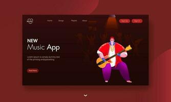 nuovo musica App atterraggio pagina design con illustrazione di tipo giocando chitarra con persone danza su Marrone sfondo. vettore