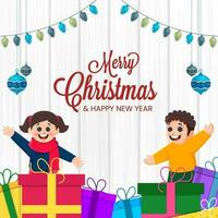 allegro Natale e contento nuovo anno font con allegro bambini, colorato regalo scatole e illuminazione ghirlanda su bianca di legno struttura sfondo. vettore