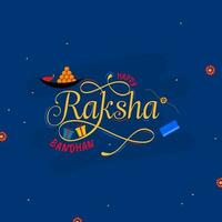 contento Raksha bandhan font con regalo scatole, indiano dolci su blu sfondo. vettore