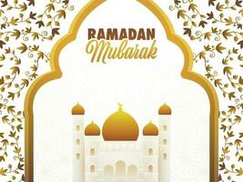 Ramadan mubarak saluto carta con moschea illustrazione su fiorire modello sfondo. vettore