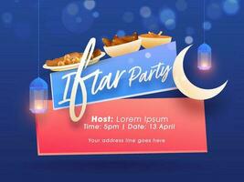 iftar festa invito carta design con delizioso Alimenti, mezzaluna Luna e sospeso lanterne su blu sfondo. vettore