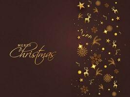 allegro Natale saluto carta design con d'oro stelle, fiocchi di neve, renna, pino le foglie e coriandoli su lucido Marrone sfondo. vettore