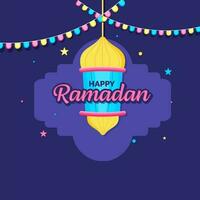 contento Ramadan celebrazione concetto con sospeso lanterna, stelle e ghirlanda pavese su blu sfondo. vettore