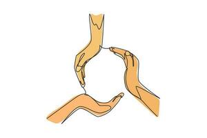 cerchio continuo di disegno a una linea fatto di mani. simbolo di protezione, collaborazione, cura. comunicazione con i gesti delle mani. segni non verbali. illustrazione grafica vettoriale di disegno di disegno a linea singola