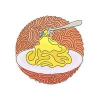 spaghetti alla bolognese con forchetta su piatto. classico piatto di pasta italiana per pranzo. stile di sfondo del cerchio di ricciolo di turbinio. illustrazione vettoriale di un disegno grafico a una linea