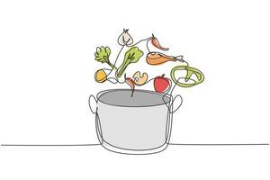 il vaso da disegno a una linea è cosparso di ingredienti alimentari come verdure, carne, cipolle, carote, sale, pepe e altre spezie. illustrazione vettoriale grafica di disegno di disegno di linea continua moderna