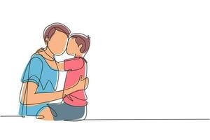singolo disegno a tratteggio dolce ragazzino sta abbracciando e baciando il suo bel papà in guancia mentre è seduto sul letto a casa. festa del papà. illustrazione vettoriale grafica di disegno di disegno di linea continua moderna